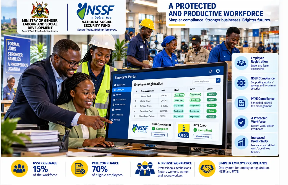 A Ugandan workforce and an employer payroll portal showing employees registered with NSSF and PAYE compliance.