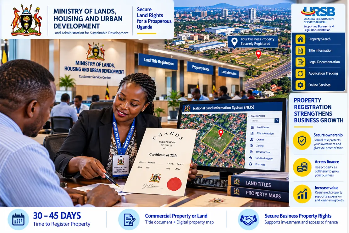 A business owner receiving a certificate of title at the Ministry of Lands, with the National Land Information System on screen.