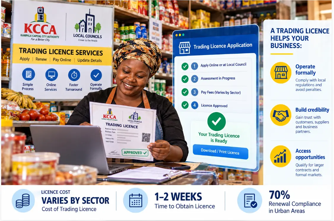 A Ugandan shop owner holding a KCCA trading licence in her premises, beside the steps to apply, assess, pay and receive a licence.